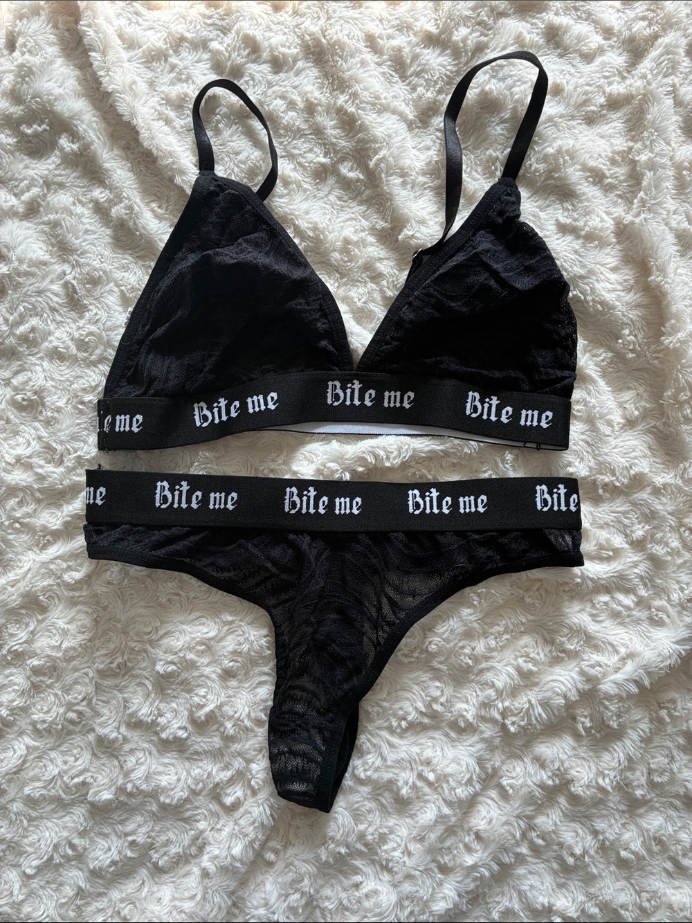 ROMWE Black 'Bite Me' Mesh Bralette & Thong Set